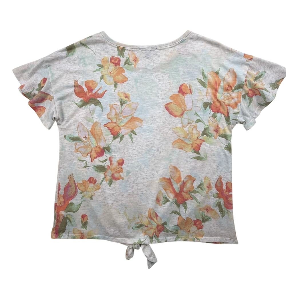 Democracy Top Flutter Sleeve White Orange Floral Beachy Tie Waist Womens Large - Picture 5 of 7